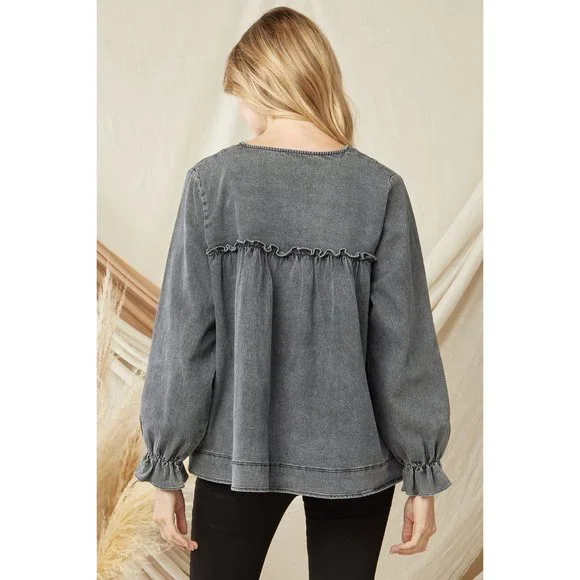 Entro Ruffled V-Neck Top, Black - Picture 3 of 6